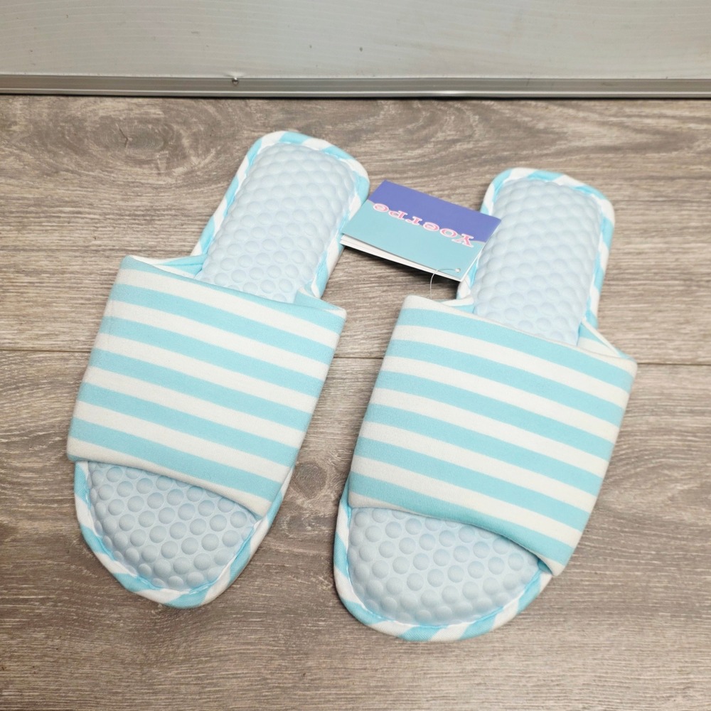 Yoerpe Women Striped Open Toe Spa Slippers Blue White Bubble Footbed Size L 9-10